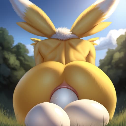  Renamon, egg in ass, anal oviposition, view from behind,, open eyes, digital art, masterpiece, 4k, fine details,