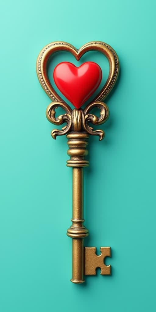  good quality, high quality, key with keyhole, key with heart, a vintage golden key with an ornate heart shaped bow on a minimal teal background. real estate concept, golden key with red heart