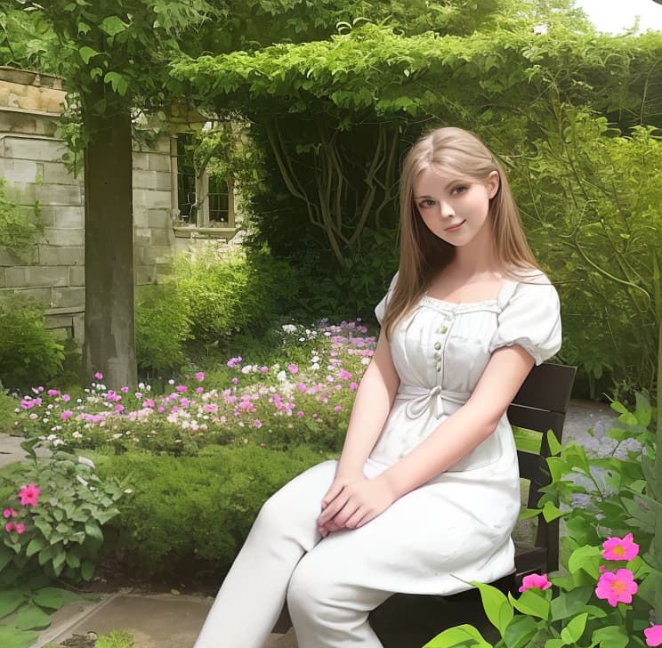  Beautiful girl sits in the big garden