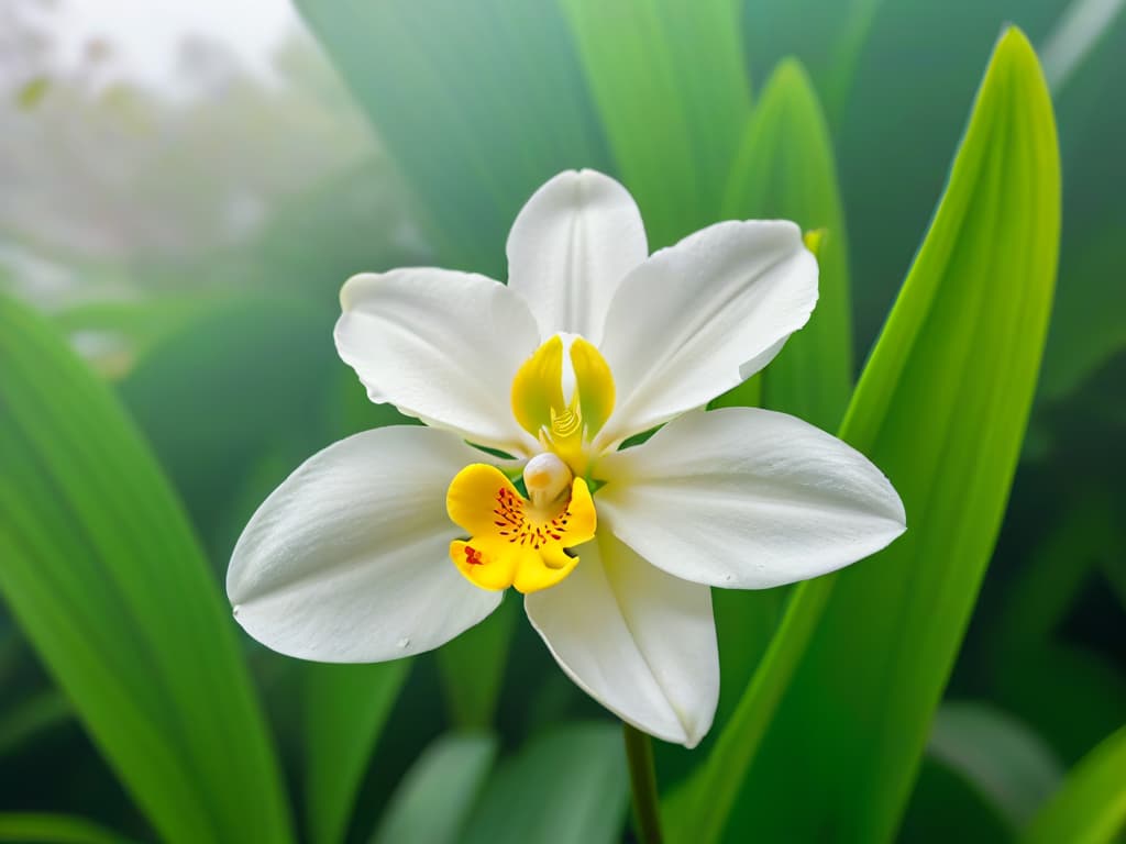  An ultradetailed closeup image of a vanilla orchid blossom, showcasing intricate details of the delicate white petals, the vibrant yellow stamen, and the lush green leaves in the background. The image captures the essence of sustainability in vanilla production, highlighting the natural beauty and complexity of the cultivation process. hyperrealistic, full body, detailed clothing, highly detailed, cinematic lighting, stunningly beautiful, intricate, sharp focus, f/1. 8, 85mm, (centered image composition), (professionally color graded), ((bright soft diffused light)), volumetric fog, trending on instagram, trending on tumblr, HDR 4K, 8K