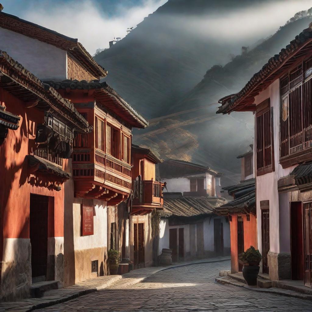  Pueblo antigua china ruta seda hyperrealistic, full body, detailed clothing, highly detailed, cinematic lighting, stunningly beautiful, intricate, sharp focus, f/1. 8, 85mm, (centered image composition), (professionally color graded), ((bright soft diffused light)), volumetric fog, trending on instagram, trending on tumblr, HDR 4K, 8K