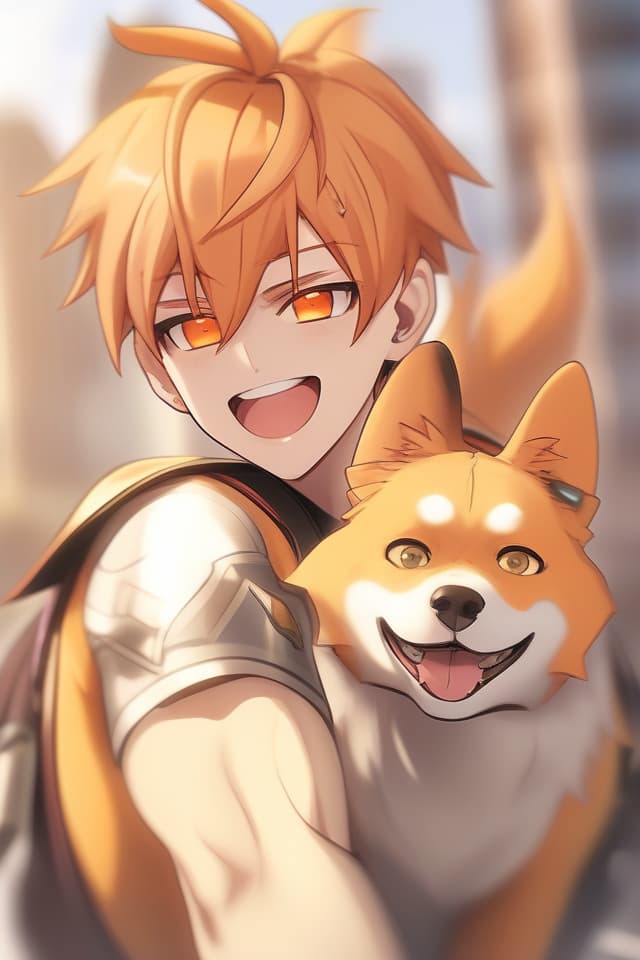  (humanoid beastman)(has dog ears)(face is human)(good looking),masterpiece,(handsome),(orange hair color)(dog ears),high quality,8K,