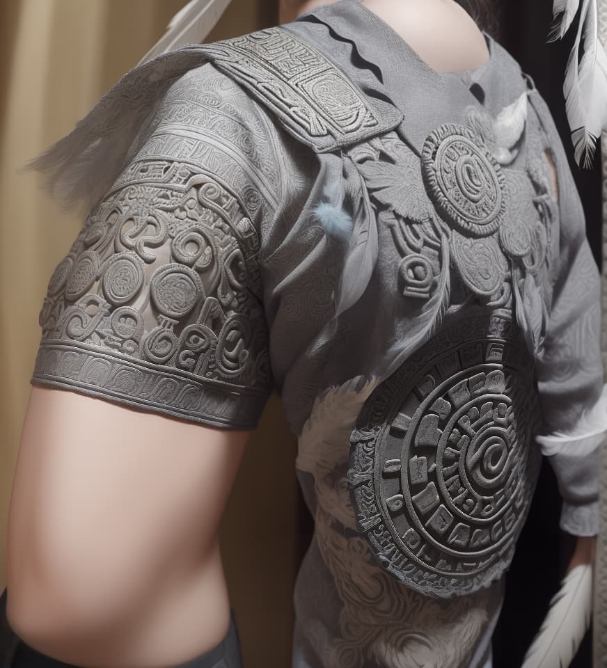  masterpiece, best quality, from the elbow, the sleeve array of feathers cascading down the arm upto the shoulder, the design seamlessly transitions onto the chest, where the centerpiece is an intricately detailed Aztec calendar.