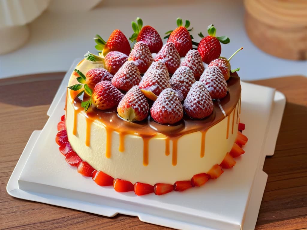  A closeup, ultradetailed image of a decadent cheesecake topped with fresh strawberries and a delicate drizzle of caramel sauce. The cheesecake is perfectly baked to a golden hue, with a velvety smooth texture visible in every slice. The strawberries glisten with freshness, their vibrant red color contrasting beautifully against the creamy cheesecake. The caramel sauce cascades elegantly down the sides, adding a touch of sweetness to this luxurious dessert. hyperrealistic, full body, detailed clothing, highly detailed, cinematic lighting, stunningly beautiful, intricate, sharp focus, f/1. 8, 85mm, (centered image composition), (professionally color graded), ((bright soft diffused light)), volumetric fog, trending on instagram, trending on tumblr, HDR 4K, 8K