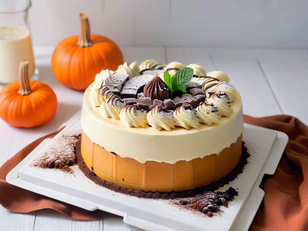  A photorealistic image of a decadent pumpkin tiramisu, showcasing layers of espressosoaked ladyfingers, creamy pumpkin mascarpone filling, dusted with cocoa powder, and garnished with delicate chocolate shavings and a sprig of fresh mint, presented elegantly on a white dessert plate against a rustic autumn backdrop of fallen leaves and pumpkins. hyperrealistic, full body, detailed clothing, highly detailed, cinematic lighting, stunningly beautiful, intricate, sharp focus, f/1. 8, 85mm, (centered image composition), (professionally color graded), ((bright soft diffused light)), volumetric fog, trending on instagram, trending on tumblr, HDR 4K, 8K