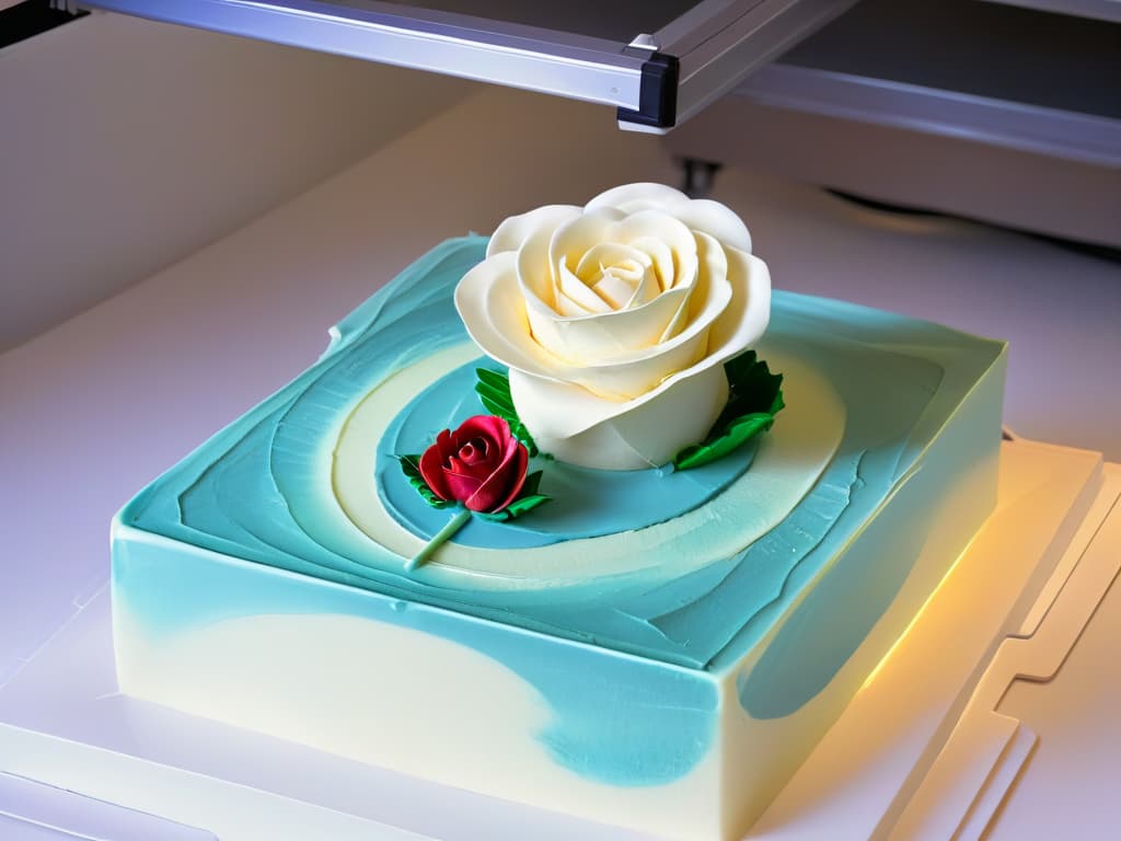  An ultradetailed image of a sleek, modern 3D printer in action, delicately crafting intricate and delectable pastries in a pastelería setting. The printer is surrounded by a soft glow, showcasing its advanced technology as it meticulously prints a detailed sugar sculpture of a blooming rose on a decadent cake. The scene captures the fusion of traditional pastry artistry with cuttingedge 3D printing, symbolizing the revolution of pastelerías with innovative technology. hyperrealistic, full body, detailed clothing, highly detailed, cinematic lighting, stunningly beautiful, intricate, sharp focus, f/1. 8, 85mm, (centered image composition), (professionally color graded), ((bright soft diffused light)), volumetric fog, trending on instagram, trending on tumblr, HDR 4K, 8K