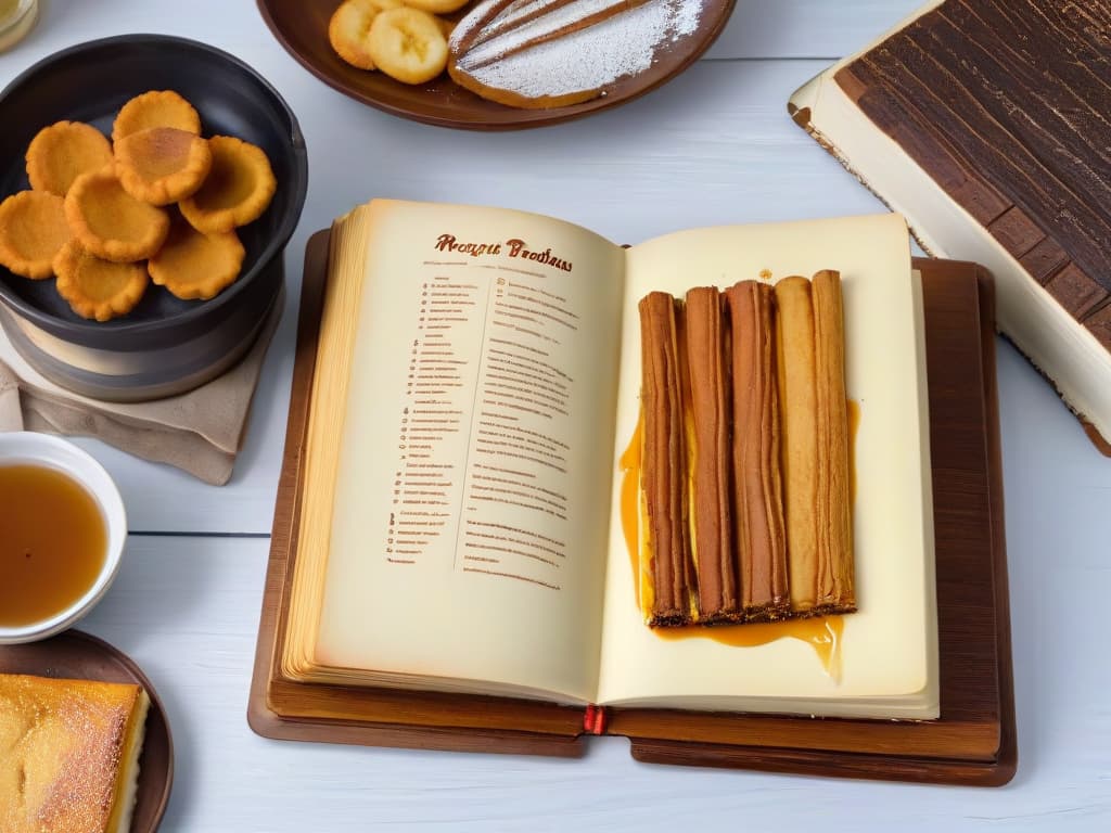  An ultradetailed image of a vintage, weathered recipe book open on a wooden table, displaying faded handwritten recipes for traditional desserts like flan, churros, and arroz con leche. The pages show stains and creases, hinting at years of use and treasured memories associated with these ancient recipes. The soft, warm lighting enhances the nostalgic and timeless feel of these enduring culinary traditions. hyperrealistic, full body, detailed clothing, highly detailed, cinematic lighting, stunningly beautiful, intricate, sharp focus, f/1. 8, 85mm, (centered image composition), (professionally color graded), ((bright soft diffused light)), volumetric fog, trending on instagram, trending on tumblr, HDR 4K, 8K