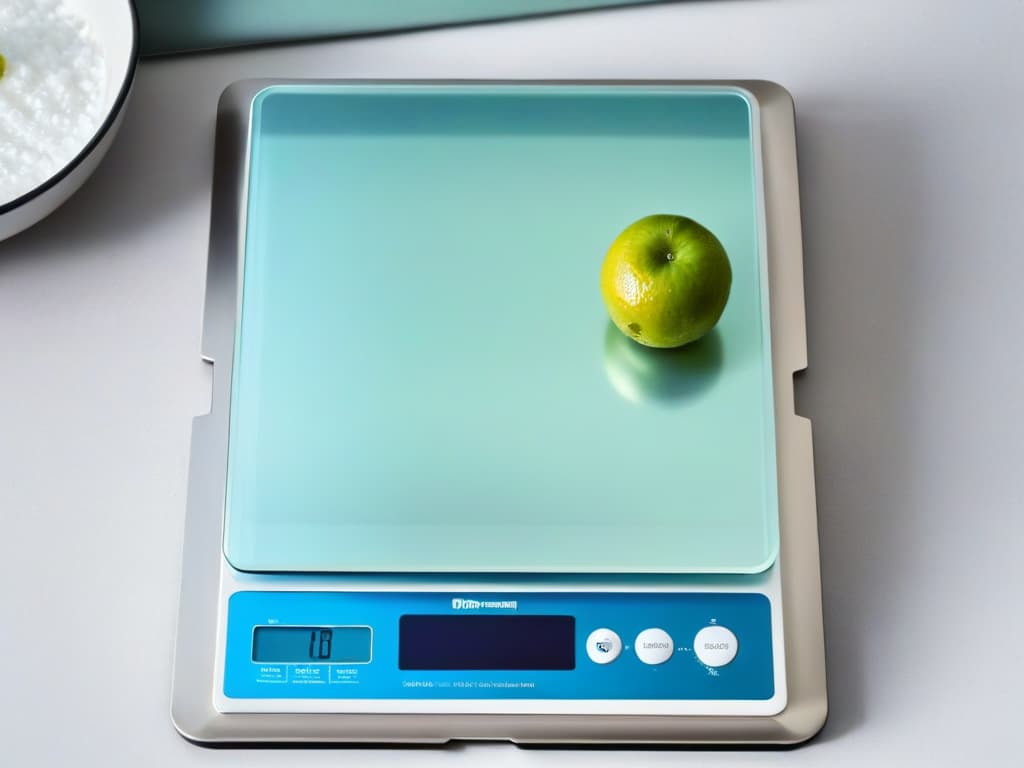  A closeup, minimalist image of a sleek, modern digital kitchen scale with a shiny stainless steel surface, displaying precise measurements in grams and ounces, set against a soft, neutral background to emphasize its clean and professional design. hyperrealistic, full body, detailed clothing, highly detailed, cinematic lighting, stunningly beautiful, intricate, sharp focus, f/1. 8, 85mm, (centered image composition), (professionally color graded), ((bright soft diffused light)), volumetric fog, trending on instagram, trending on tumblr, HDR 4K, 8K