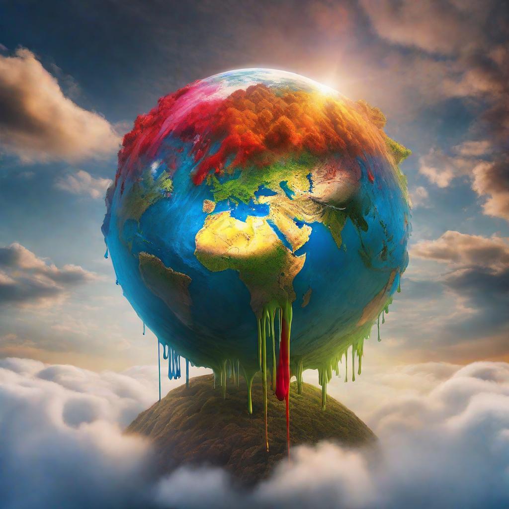  earth in sky with colored paint dripping off of it. hyperrealistic, full body, detailed clothing, highly detailed, cinematic lighting, stunningly beautiful, intricate, sharp focus, f/1. 8, 85mm, (centered image composition), (professionally color graded), ((bright soft diffused light)), volumetric fog, trending on instagram, trending on tumblr, HDR 4K, 8K