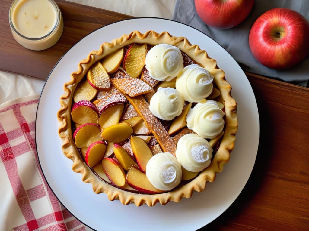  An ultradetailed closeup image of a freshly baked Americanstyle apple pie, showcasing a golden flaky crust with intricate lattice detailing, glistening caramelized apple slices peeking through the openings, topped with a light dusting of cinnamon and a single scoop of melting vanilla ice cream on a delicate porcelain plate, set against a rustic wooden backdrop. hyperrealistic, full body, detailed clothing, highly detailed, cinematic lighting, stunningly beautiful, intricate, sharp focus, f/1. 8, 85mm, (centered image composition), (professionally color graded), ((bright soft diffused light)), volumetric fog, trending on instagram, trending on tumblr, HDR 4K, 8K