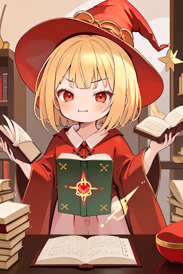  Little girl, blond, short hair, red robe, open magic book, wearing a witch hat, smug face