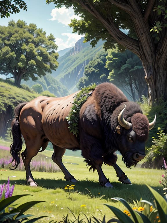  master piece, best quality, ultra detailed, highres, 4k.8k, A bison, Exploring the wilderness, discovering new lands, Curious and determined, BREAK An adventurous encounter, Lush green meadow, Trees, boulders, and wildflowers, BREAK Serene and vibrant, Warm sunlight filtering through the foliage, creating a magical glow, Mech4nim4lAI