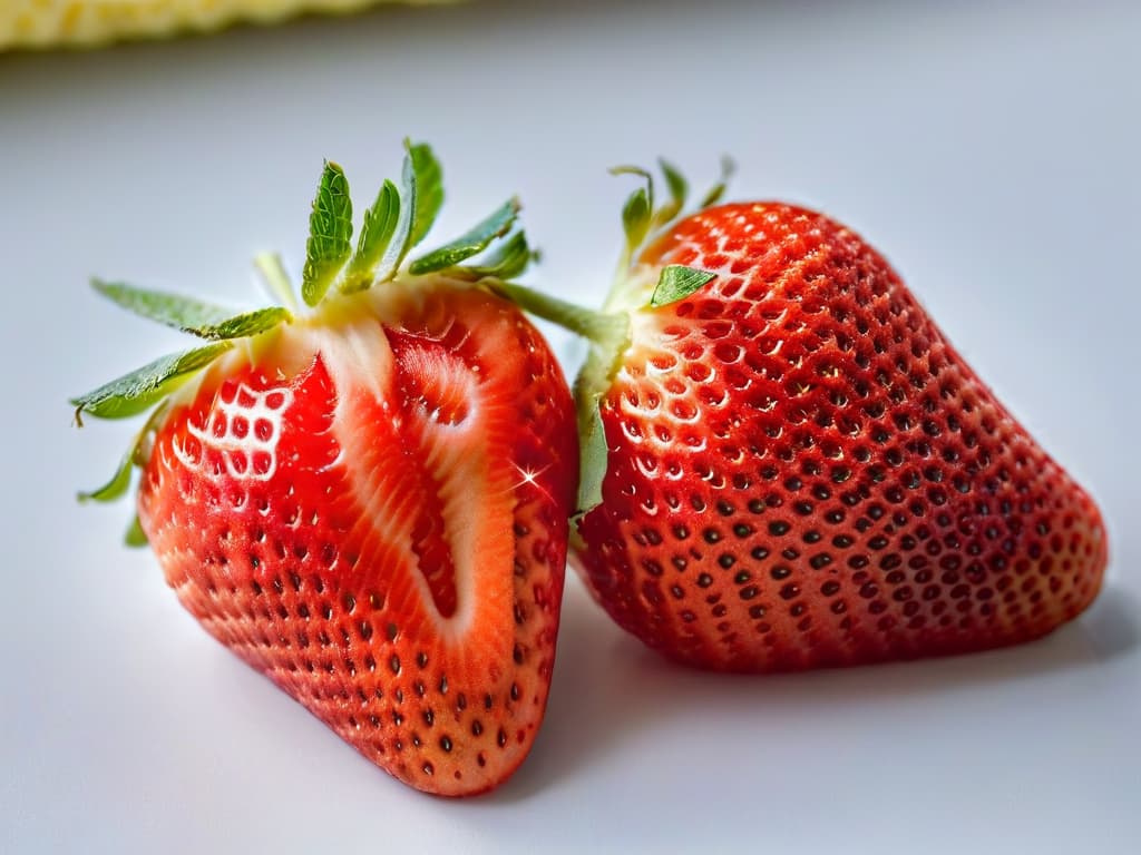  A closeup, ultradetailed image of a perfectly ripe and juicy strawberry sliced in half, showcasing the intricate pattern of seeds and vibrant red color against a simple, clean white background. hyperrealistic, full body, detailed clothing, highly detailed, cinematic lighting, stunningly beautiful, intricate, sharp focus, f/1. 8, 85mm, (centered image composition), (professionally color graded), ((bright soft diffused light)), volumetric fog, trending on instagram, trending on tumblr, HDR 4K, 8K