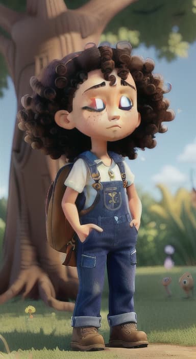  {Riley standing under the tree with eyes closed, making the wish., Riley, a curious with big brown eyes and curly hair, wearing overalls and carrying a small backpack. Their friend, Skye, a bluebird with shiny feathers.