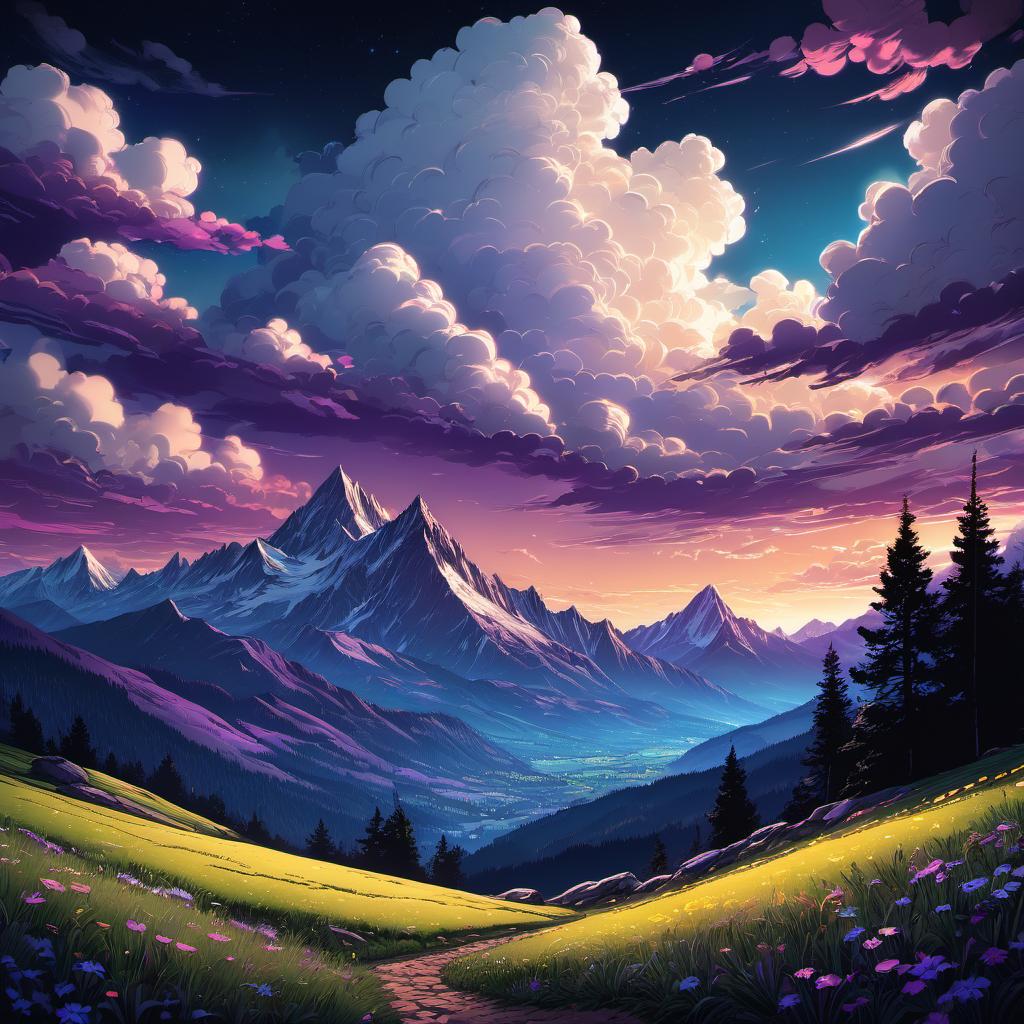  Alpine meadow, clouds, vivid, highly detailed, anime style, hand-drawn, combined with digital art, night, whimsical, (enchanting atmosphere:1.1), warm lighting , depth of field, Wacom Cintiq, Adobe Photoshop, 300 DPI, (hdr:1.2), dark perple shadows