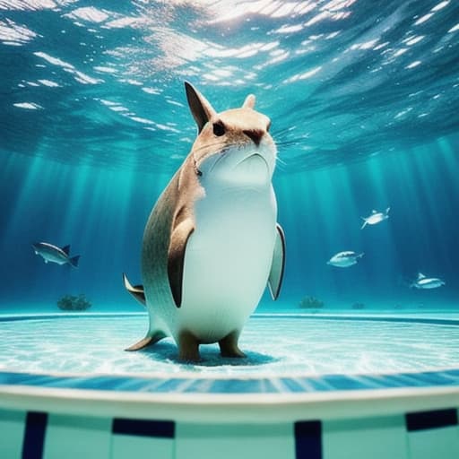  un conejo en una piscina de tiburones hyperrealistic, full body, detailed clothing, highly detailed, cinematic lighting, stunningly beautiful, intricate, sharp focus, f/1. 8, 85mm, (centered image composition), (professionally color graded), ((bright soft diffused light)), volumetric fog, trending on instagram, trending on tumblr, HDR 4K, 8K