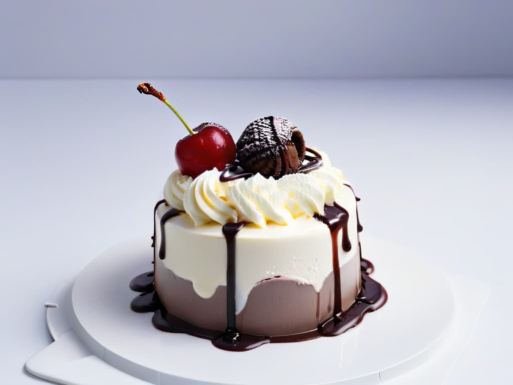  A highresolution, minimalist image of a perfectly frozen ice cream sundae with a smooth, glossy texture, topped with a vibrant red cherry and a drizzle of rich chocolate sauce, all set against a clean, white background to emphasize the simplicity and precision of frozen dessert techniques. hyperrealistic, full body, detailed clothing, highly detailed, cinematic lighting, stunningly beautiful, intricate, sharp focus, f/1. 8, 85mm, (centered image composition), (professionally color graded), ((bright soft diffused light)), volumetric fog, trending on instagram, trending on tumblr, HDR 4K, 8K