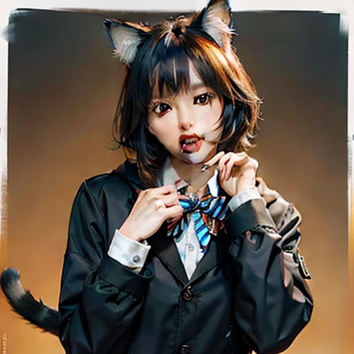  masterpiece, best quality, 1, solo, animal ears, bow, teeth, jacket, tail, open mouth, brown hair, orange background, bowtie, orange nails, simple background, cat ears, orange eyes, blue bow, animal ear fluff, cat tail, looking at viewer, upper body, shirt, uniform, hood, striped bow, striped, white shirt, black jacket, blue bowtie, fingernails, long sleeves, cat , bangs, fangs, collared shirt, striped bowtie, short hair, tongue, hoodie, sharp teeth, facial mark, claw pose,  hyperrealistic, full body, detailed clothing, highly detailed, cinematic lighting, stunningly beautiful, intricate, sharp focus, f/1. 8, 85mm, (centered image composition), (professionally color graded), ((bright soft diffused light)), volumetric fog, trending on instagram, trending on tumblr, HDR 4K, 8K