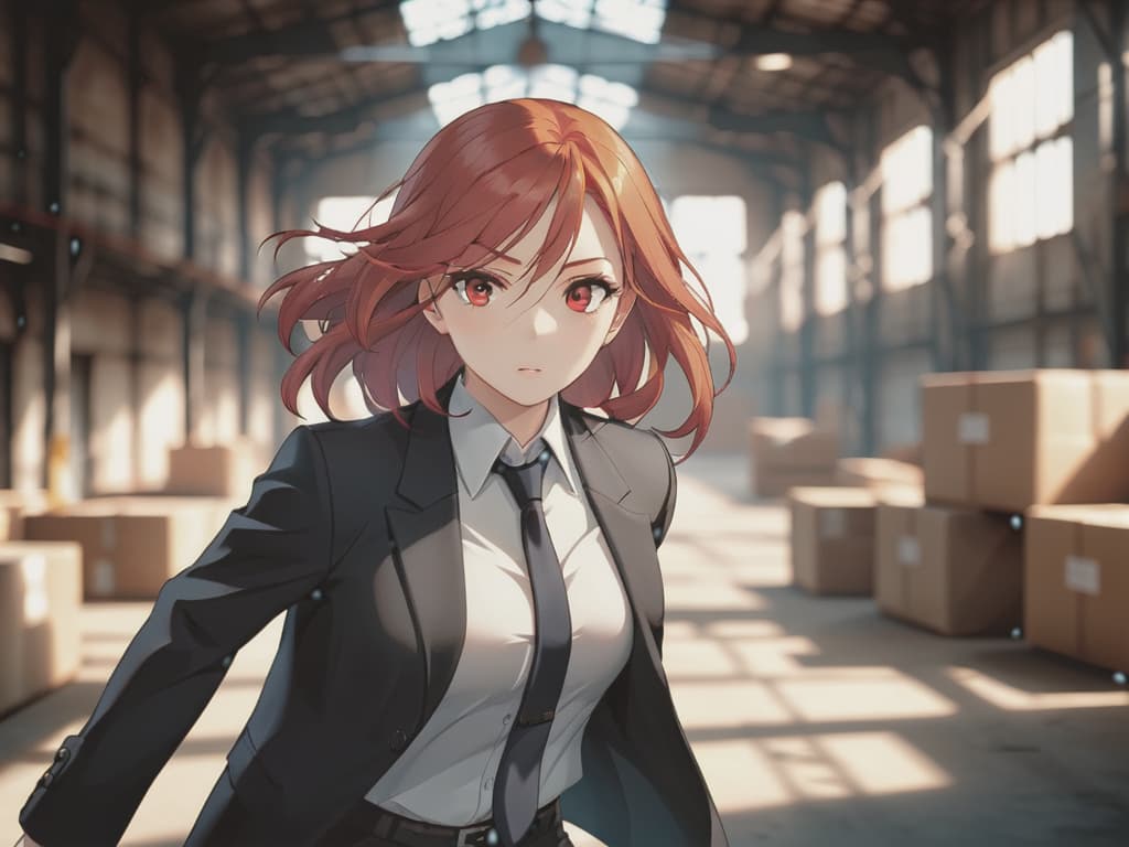 cinematic photo pretty eyes, pretty hands, a girl with red hair, a spy agent runs through a deserted warehouse in a suit . 35mm photograph, film, bokeh, professional, 4k, highly detailed