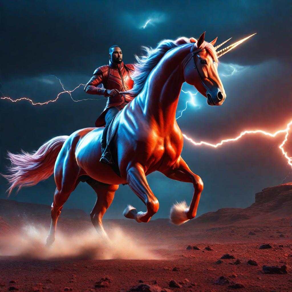  he unicorn with lightning is running in the background of the picture, in the style of sci-fi realism, dark red and orange, cosmic landscape, hurufiyya, 8k resolution, light blue and red, heistcore hyperrealistic, full body, detailed clothing, highly detailed, cinematic lighting, stunningly beautiful, intricate, sharp focus, f/1. 8, 85mm, (centered image composition), (professionally color graded), ((bright soft diffused light)), volumetric fog, trending on instagram, trending on tumblr, HDR 4K, 8K