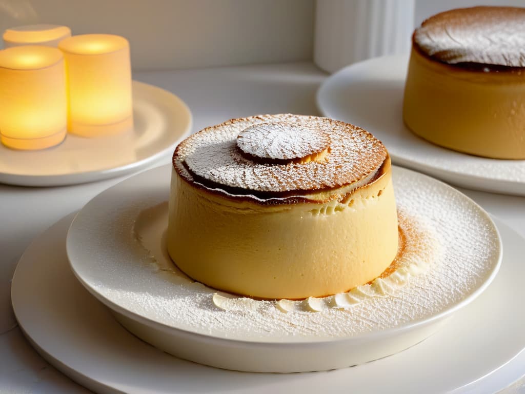  A closeup, highresolution image of a perfectly goldenbrown soufflé with a delicate dusting of powdered sugar on top, resting on a pristine white plate. The soufflé sits elegantly on a sleek, modern table setting with subtle ambient lighting that highlights its fluffy texture and rich color. The background is blurred to emphasize the meticulous details of the dessert, creating a visually striking and minimalistic composition that embodies the essence of temperature control in creating exquisite sensory experiences in pastry. hyperrealistic, full body, detailed clothing, highly detailed, cinematic lighting, stunningly beautiful, intricate, sharp focus, f/1. 8, 85mm, (centered image composition), (professionally color graded), ((bright soft diffused light)), volumetric fog, trending on instagram, trending on tumblr, HDR 4K, 8K