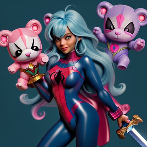  "A cute Care Bear with a Spiderman suit and a large sword."