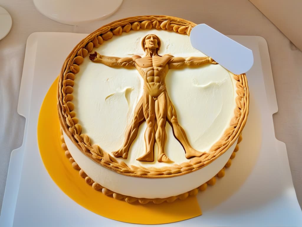  An 8k ultradetailed image of a meticulously crafted dessert inspired by Leonardo da Vinci's Vitruvian Man, featuring layers of intricate pastry and cream arranged in a way that mimics the iconic proportions and symmetry of the original artwork. The dessert is presented on a sleek, modern plate with subtle lighting that highlights the delicate details and artistry of the creation. hyperrealistic, full body, detailed clothing, highly detailed, cinematic lighting, stunningly beautiful, intricate, sharp focus, f/1. 8, 85mm, (centered image composition), (professionally color graded), ((bright soft diffused light)), volumetric fog, trending on instagram, trending on tumblr, HDR 4K, 8K