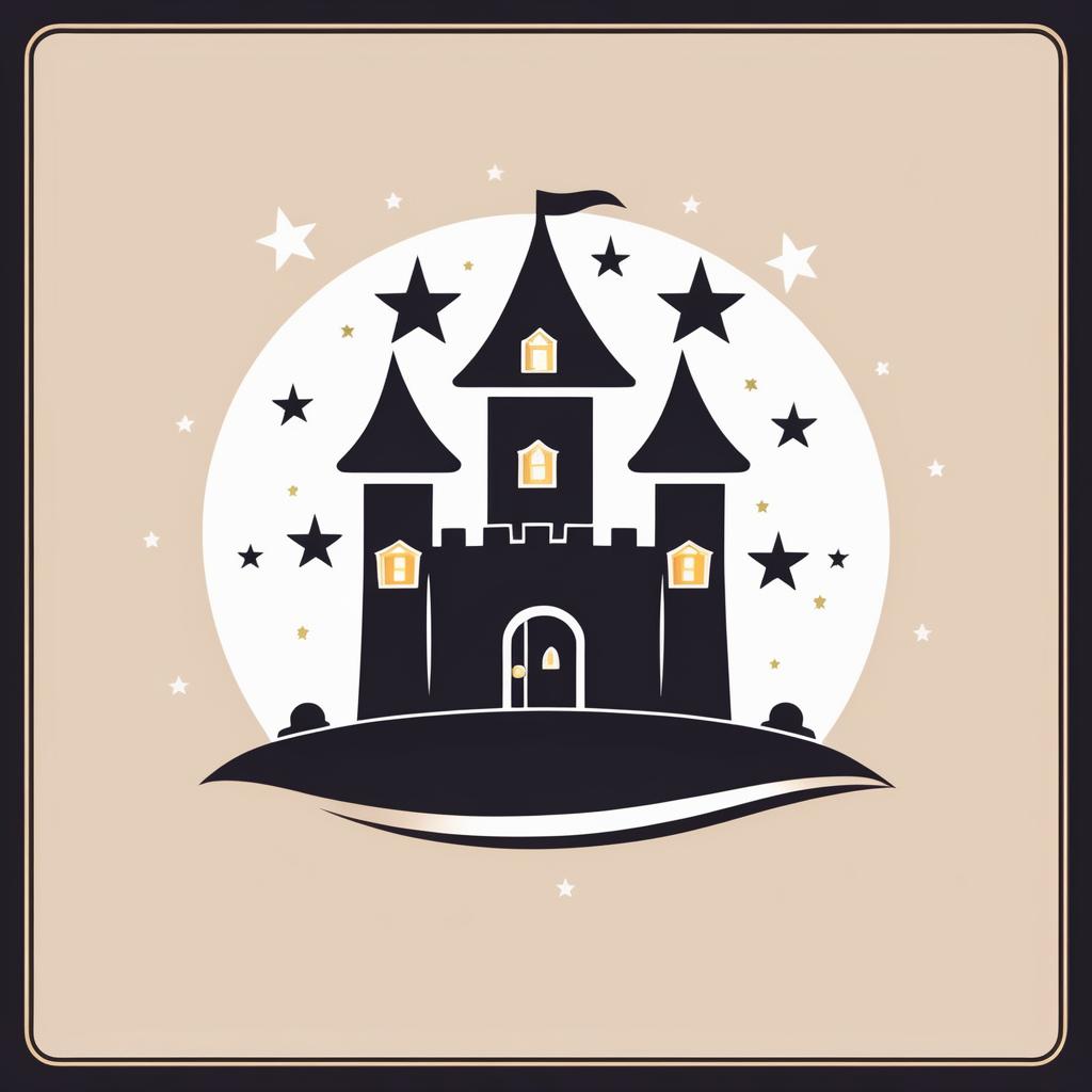  Single minimal abstract icon logo.

Round Castle with turrets and banners topped with a swirl of stars above a retro candy house.

Modern aesthetic, symmetric, single-color, icon centered on a dark background. No text, tight, defined border.