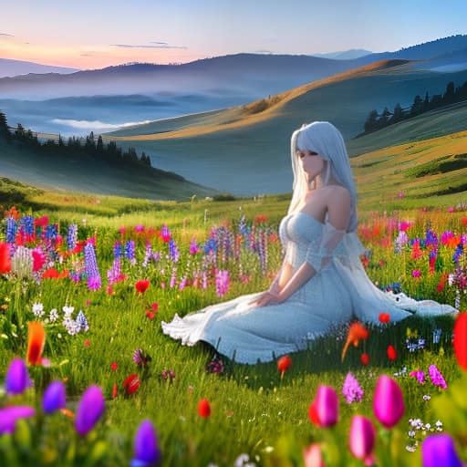  A solitary robot sitting in a field of wildflowers at sunset. hyperrealistic, full body, detailed clothing, highly detailed, cinematic lighting, stunningly beautiful, intricate, sharp focus, f/1. 8, 85mm, (centered image composition), (professionally color graded), ((bright soft diffused light)), volumetric fog, trending on instagram, trending on tumblr, HDR 4K, 8K