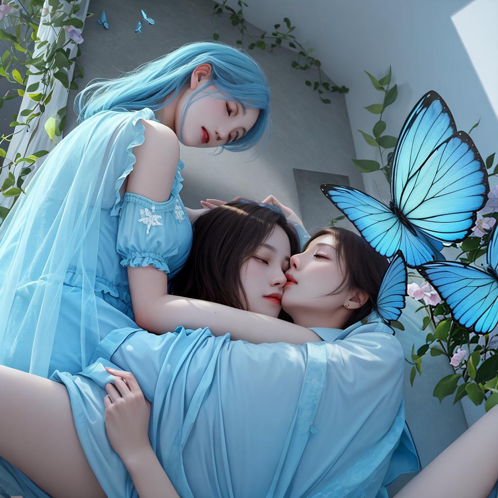  masterpiece, best quality, (Fidelity: 1.4), Best Quality, Masterpiece, Ultra High Resolution, Two Lovers Engaging in Coitus For Procreation, Light Blue Butterfly Flying, cinematic lighting effects