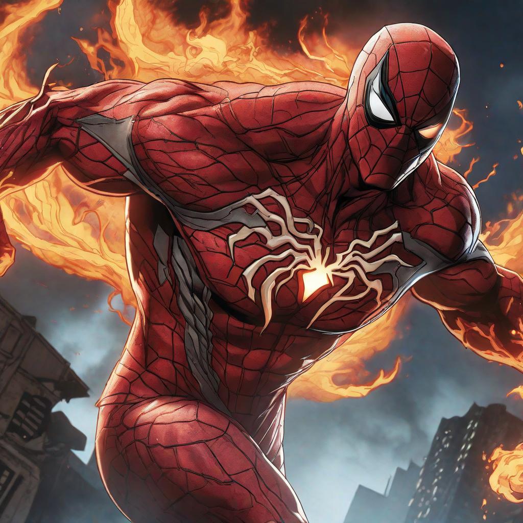  Carnage flame , marvel comic panel, dc animated comic panel, comic panel, manga and manhwa style panel, portrait, young person face, style for marvel comic, anime comic panel style hyperrealistic, full body, detailed clothing, highly detailed, cinematic lighting, stunningly beautiful, intricate, sharp focus, f/1. 8, 85mm, (centered image composition), (professionally color graded), ((bright soft diffused light)), volumetric fog, trending on instagram, trending on tumblr, HDR 4K, 8K