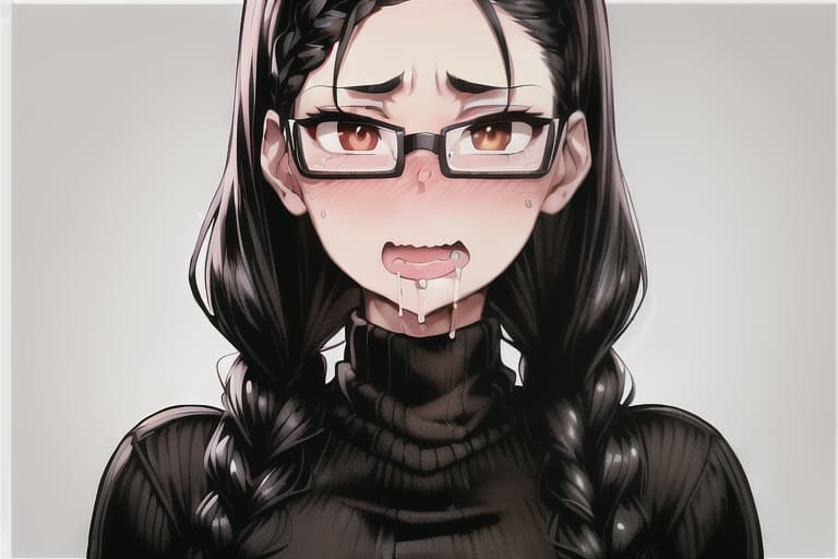  (((SFW))), detailed illustration of a woman, ((((hungry)))), ((((drooling)))), ((excessive drool)), ((comical)), ((((funny)))), (((wavy mouth))), ((face closeup)), ((masterpiece)), highres, absurdres, ultra detailed, HD, 8K, wallpaper, ((jet black hair)), (((double braided hairstyle))), ((brown eyes)), ((perfect eyes)), prominent pupils, detailed eyes, detailed nose, detailed mouth, detailed hair, (((simple background))), ((((rectangular glasses with black frame)))), (large breasts), ((brown turtleneck sweater)), embarassed expression, expressive eyes, ((perfect eyes)), (nice hands), (fine detail), prominent outline, sharp nose, (perfect eyes), expressive eyes, shiny lens, ((HD))
