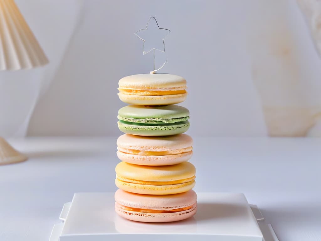  A closeup, highresolution image of a perfectly crafted, delicate macaron tower in soft pastel colors, showcasing intricate details and a glossy finish that reflects a soft, diffused light. Each macaron is flawlessly shaped, with smooth, unblemished surfaces, displaying the artistry and precision of traditional French pastrymaking. The background is subtly blurred, drawing the viewer's focus solely on the elegant stack of macarons, creating a visually appealing and aesthetically pleasing minimalist composition that epitomizes the essence of French pastry craftsmanship. hyperrealistic, full body, detailed clothing, highly detailed, cinematic lighting, stunningly beautiful, intricate, sharp focus, f/1. 8, 85mm, (centered image composition), (professionally color graded), ((bright soft diffused light)), volumetric fog, trending on instagram, trending on tumblr, HDR 4K, 8K