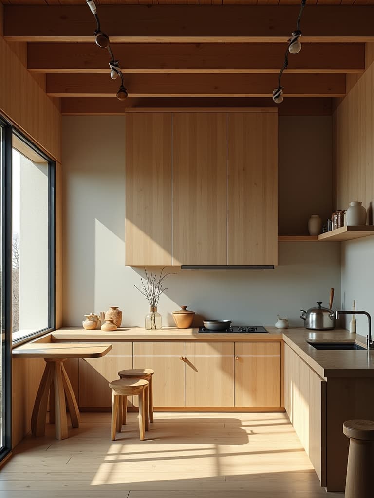  this unedited 8k photograph features a hyperrealistic masterpiece of a kitchen designed in japanese style, emphasizing simplicity, minimalism, and harmony with nature. captured using the iconic leica m3 film rangefinder, this image mirrors the style of ansel adams and is taken from a creative dutch angle perspective. it showcases intricate details and a stunningly beautiful aesthetic with bright, soft, diffused dusk light, highlighting the japanese wabi sabi decorations. the scene is professionally color graded, reflecting a clean, understated style with neutral tones that create a modern and tranquil atmosphere. this photorealistic, highly detailed image is a documentary style movie still, taken with a 100mm f2.8 telephoto lens and featuri