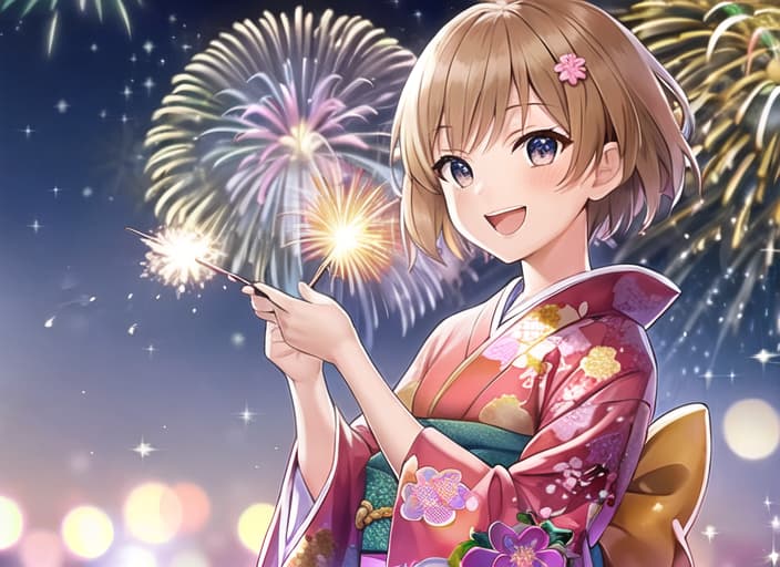  master piece , best quality,short hair girl in kimono laughing at fireworks starry sky best quality