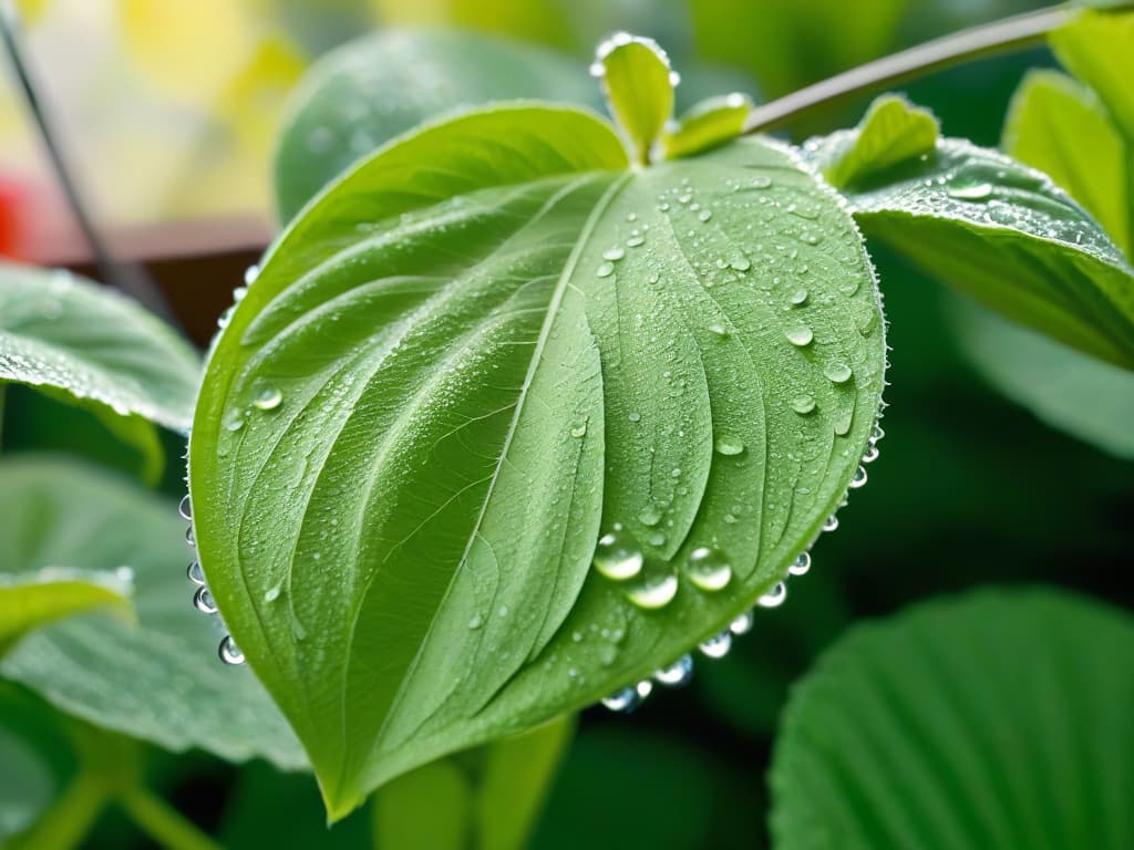  A closeup, highresolution image of a delicate stevia plant leaf glistening with dew drops, set against a softfocus background of a sunlit garden. The vibrant green hues and intricate veins of the leaf are captured in exquisite detail, showcasing the natural beauty and purity of this healthy sweetening ingredient. hyperrealistic, full body, detailed clothing, highly detailed, cinematic lighting, stunningly beautiful, intricate, sharp focus, f/1. 8, 85mm, (centered image composition), (professionally color graded), ((bright soft diffused light)), volumetric fog, trending on instagram, trending on tumblr, HDR 4K, 8K