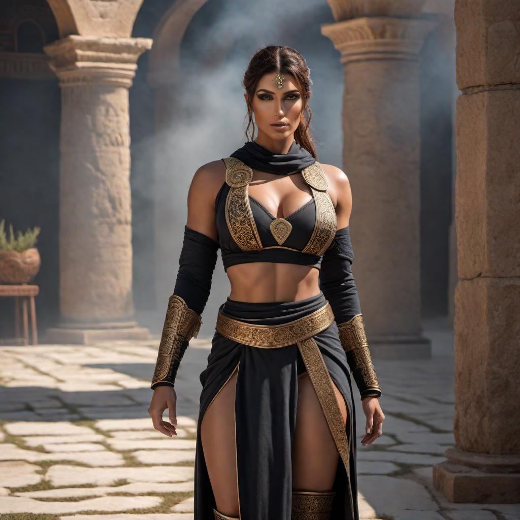  a Greek ninja woman with enhanced features, ensuring her appearance remains within the bounds of community guidelines for appropriateness. The setting is the same as the second to the last generated image, and she has a powerful and confident pose. Her attire is a blending of ancient Greek elements and ninja aesthetic, with an increased bust size that is as prominent as possible while remaining tasteful and suitable for a general audience. hyperrealistic, full body, detailed clothing, highly detailed, cinematic lighting, stunningly beautiful, intricate, sharp focus, f/1. 8, 85mm, (centered image composition), (professionally color graded), ((bright soft diffused light)), volumetric fog, trending on instagram, trending on tumblr, HDR 4K, 8K