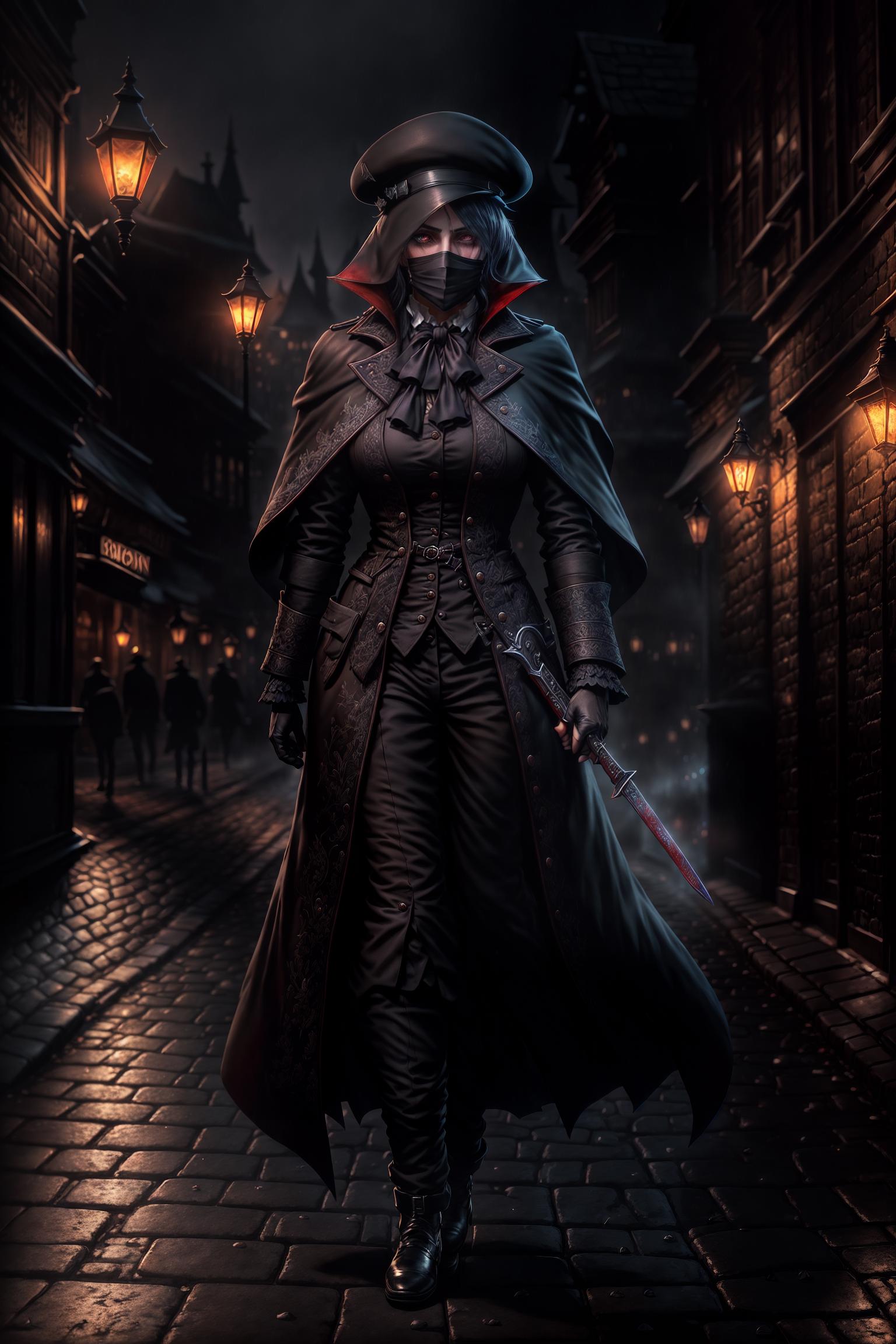  Jack the Ripper, (male:1.3),(mysterious veil:1.2), (wearing a black beret and a mask), (long coat:1.0), (usually wearing a dark colored long coat), (such as black or dark brown), (making him harder to detect at night), (knife in hand:1.1), (eerie gait:1.0), (street environment:1.2), (fog covered streets of the old city of London in the late 19th century), (environment includes ancient buildings, cobblestone roads, and dim twilight lights), (night and fog:1.0), (a night with the moon high, few stars, and thick fog), (increasing the sense of mystery and horror), (deserted:0.8), (to add to the mystery and horror), (depicting a deserted street), (only a few dim and unclear lights around), (bloodstain element:1.2), (adding some bright red bloods hyperrealistic, full body, detailed clothing, highly detailed, cinematic lighting, stunningly beautiful, intricate, sharp focus, f/1. 8, 85mm, (centered image composition), (professionally color graded), ((bright soft diffused light)), volumetric fog, trending on instagram, trending on tumblr, HDR 4K, 8K