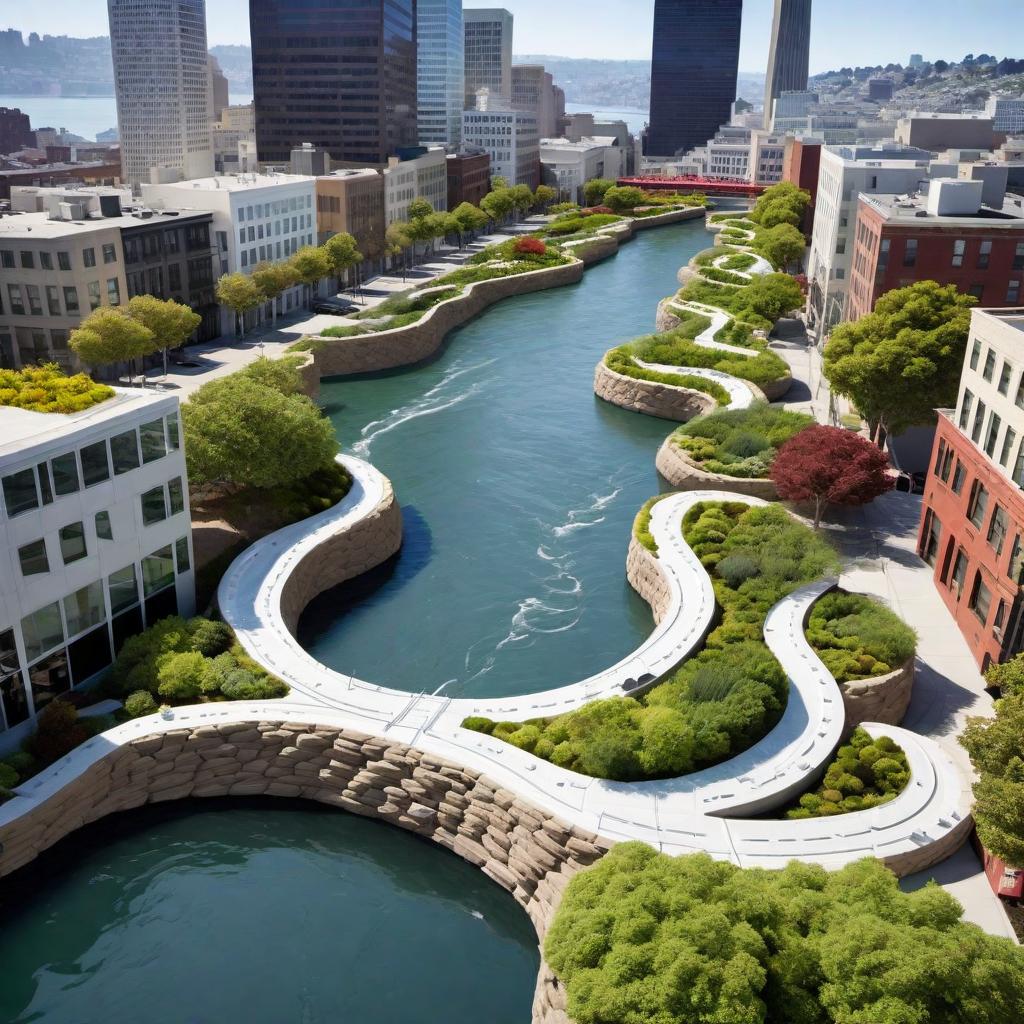  Illustrate a city river hardscape set in San Francisco, California, featuring a flowing concrete river. Within the hardscape design, include a hydroponic system made of PVC and foam serving as the bed for hydroponic baskets. The baskets use rockwool as a base and are designed to be raised and lowered with rope wires. Ensure the city elements reflect San Francisco's architectural style and landmarks. hyperrealistic, full body, detailed clothing, highly detailed, cinematic lighting, stunningly beautiful, intricate, sharp focus, f/1. 8, 85mm, (centered image composition), (professionally color graded), ((bright soft diffused light)), volumetric fog, trending on instagram, trending on tumblr, HDR 4K, 8K