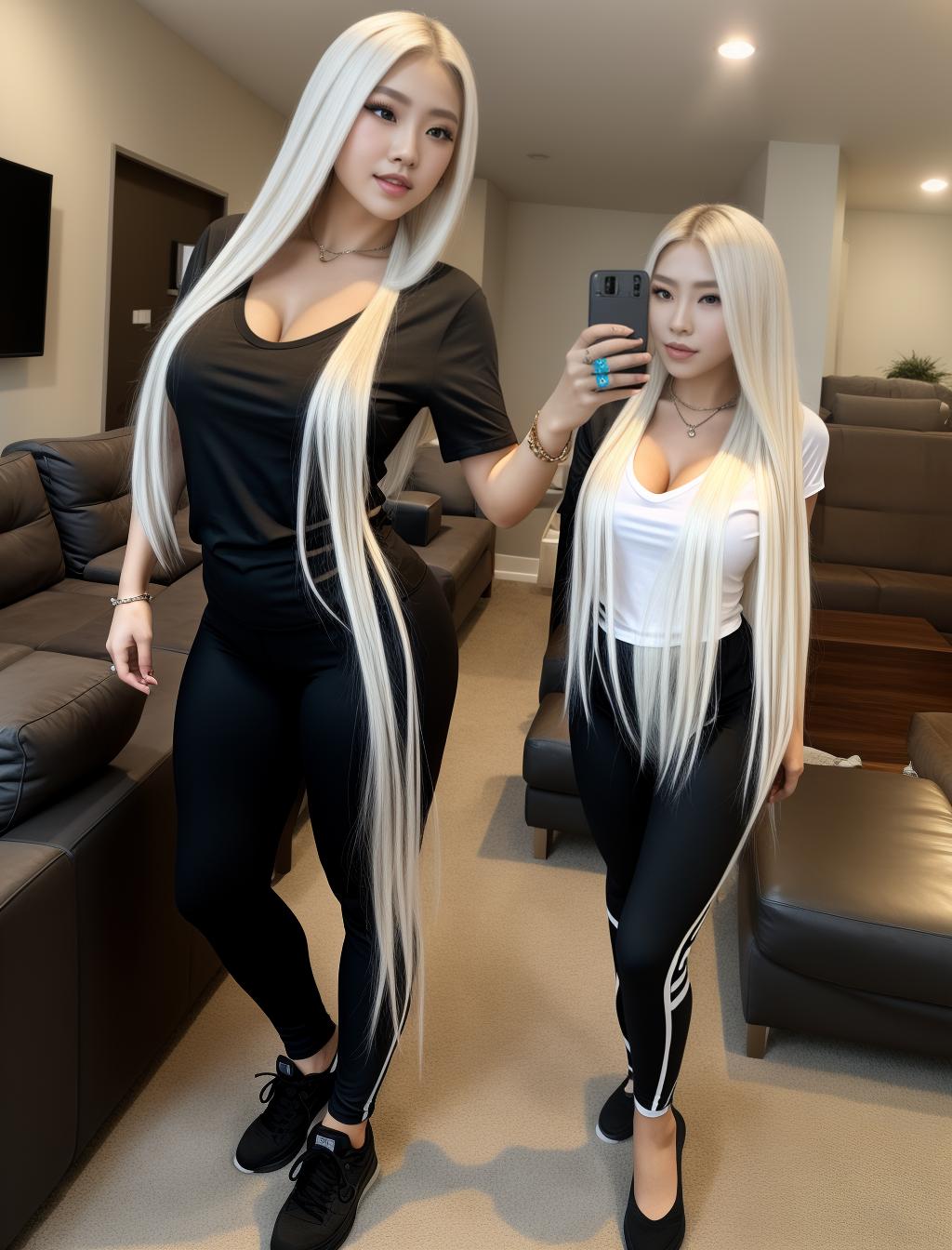  massively huge, expansion, massively huge, expansion, extremely skinny, long, very tall, long white hair, detailed face, short sleeve v-neck t-shirt, black leggings pants, at convention, selfie, full body in image, in public, standing, living room,