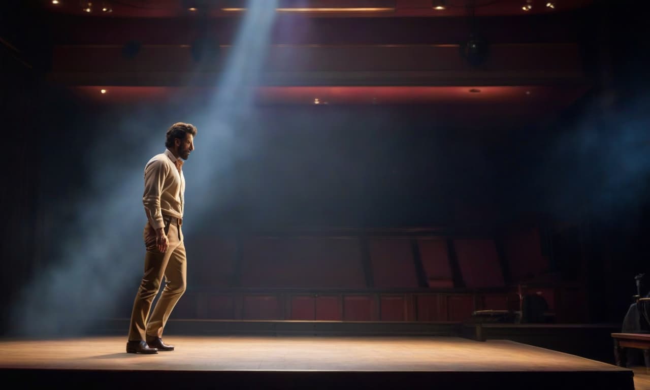  Dusty Light on a Wooden Stage in the Theater. hyperrealistic, full body, detailed clothing, highly detailed, cinematic lighting, stunningly beautiful, intricate, sharp focus, f/1. 8, 85mm, (centered image composition), (professionally color graded), ((bright soft diffused light)), volumetric fog, trending on instagram, trending on tumblr, HDR 4K, 8K