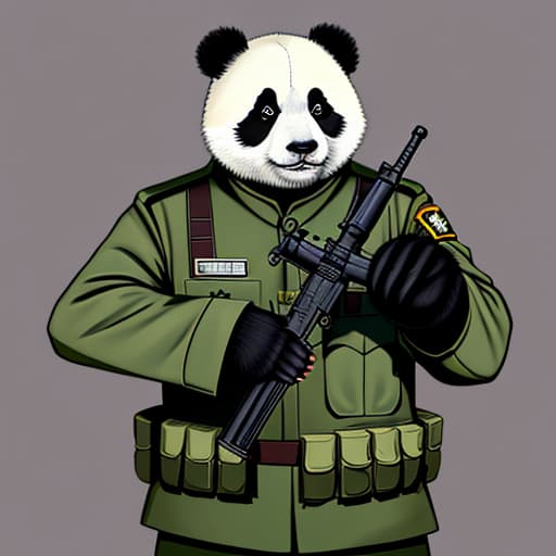  A panda in military uniform with a gun，