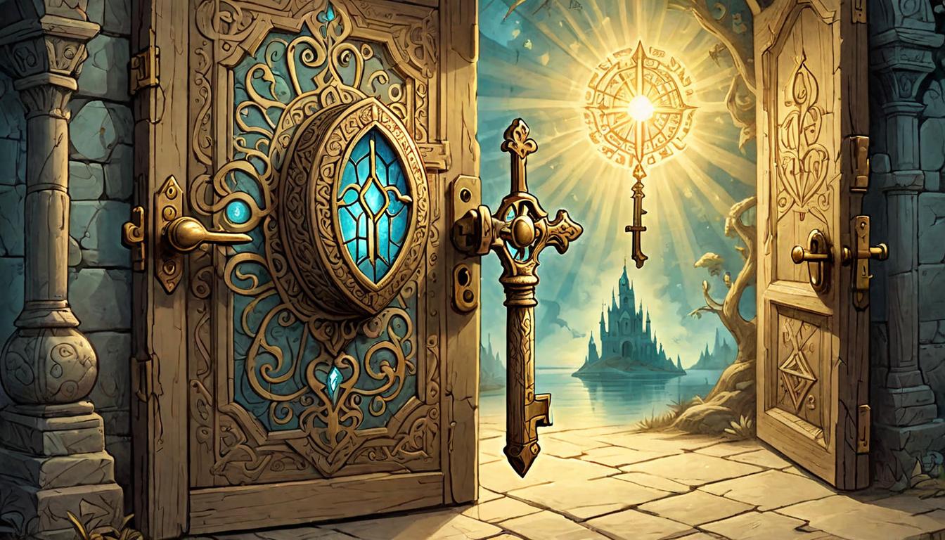  on parchment, surrealism+++, A glowing key unlocking a door with radiant light spilling out, complex patterns decorating the door, unlocking higher realms(mysterious, provocative, symbolic,muted color)+++