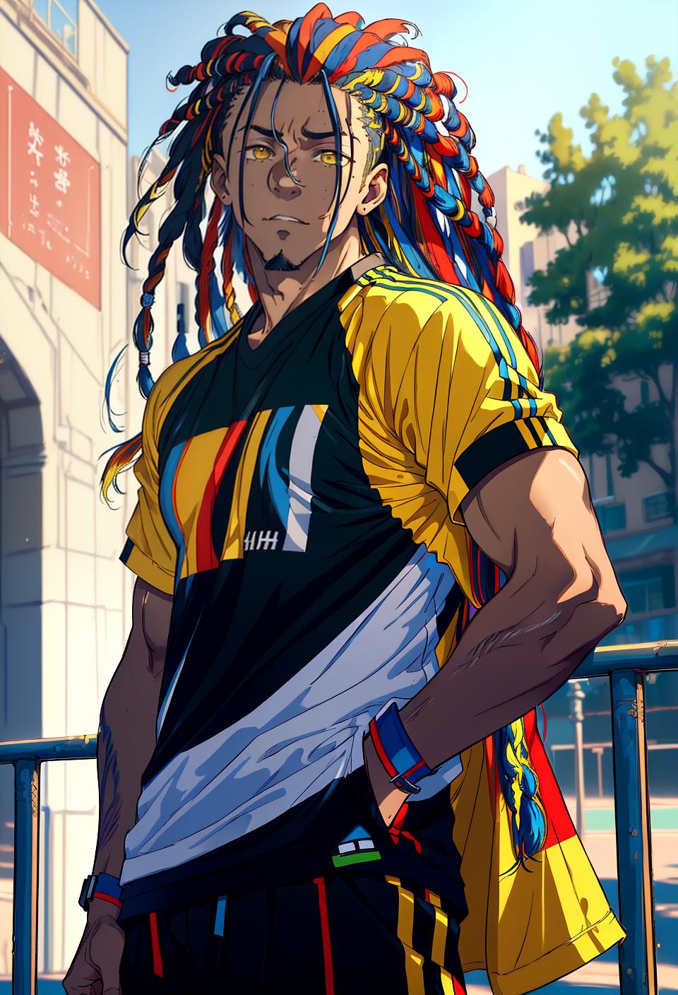 ((trending, highres, masterpiece, cinematic shot)), 1boy, mature, male sportswear, park scene, very long straight multicolored hair, dreadlocks, large yellow eyes, doting personality, smug expression, fair skin, magical, toned