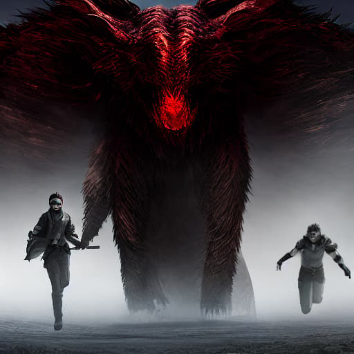  5 people running from a monster hyperrealistic, full body, detailed clothing, highly detailed, cinematic lighting, stunningly beautiful, intricate, sharp focus, f/1. 8, 85mm, (centered image composition), (professionally color graded), ((bright soft diffused light)), volumetric fog, trending on instagram, trending on tumblr, HDR 4K, 8K