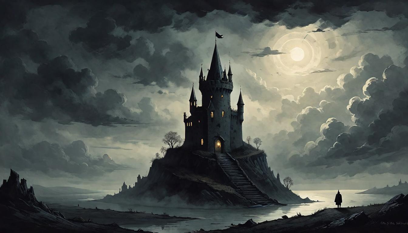  on parchment, surrealism+++, A solitary tower, silhouetted against a darkly clouded sky, a single light shining from a high window, isolation yet hope, stark, unwavering, beacon in the darkness(mysterious, provocative, symbolic,muted color)+++