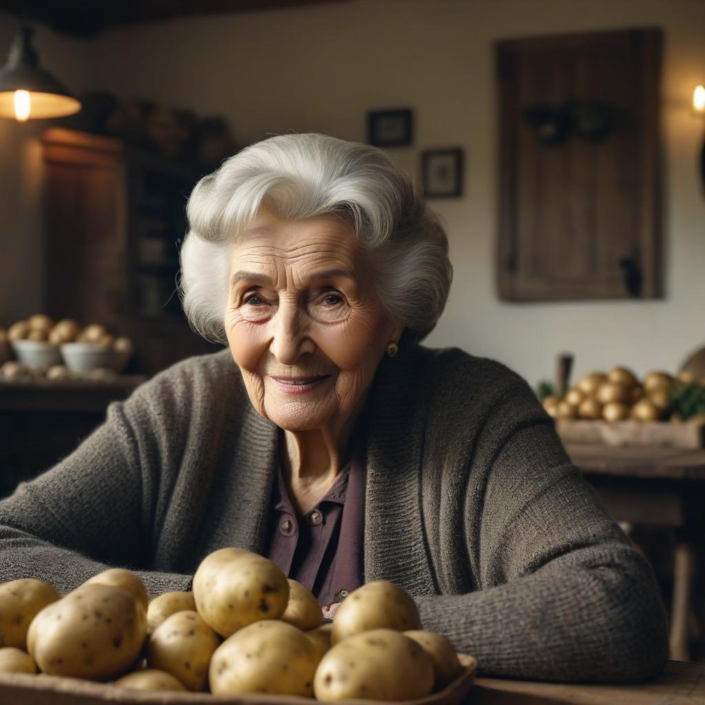  cinematic film still The grandmother with a village smile sits at the table and looks at us in the countryside house, and on the table next to it there is a 5 kilogram package of potatoes and a little bit of potatoes. . shallow depth of field, vignette, highly detailed, high budget, bokeh, cinemascope, moody, epic, gorgeous, film grain, grainy hyperrealistic, full body, detailed clothing, highly detailed, cinematic lighting, stunningly beautiful, intricate, sharp focus, f/1. 8, 85mm, (centered image composition), (professionally color graded), ((bright soft diffused light)), volumetric fog, trending on instagram, trending on tumblr, HDR 4K, 8K