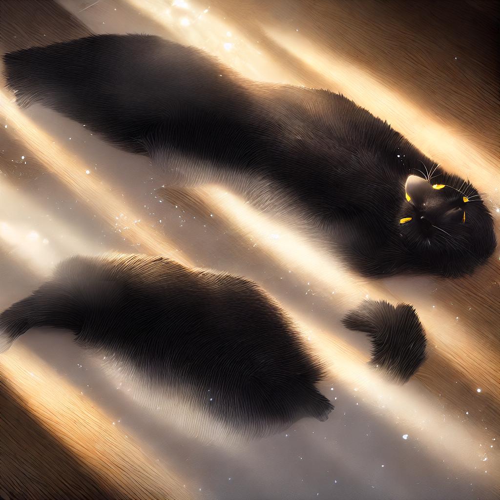  A cat lying on its back, ((shiny black fur)), relaxed, (sunlight streaming through the window), ((masterpiece)), (((best quality))), 8k, high detailed, ultra-detailed hyperrealistic, full body, detailed clothing, highly detailed, cinematic lighting, stunningly beautiful, intricate, sharp focus, f/1. 8, 85mm, (centered image composition), (professionally color graded), ((bright soft diffused light)), volumetric fog, trending on instagram, trending on tumblr, HDR 4K, 8K