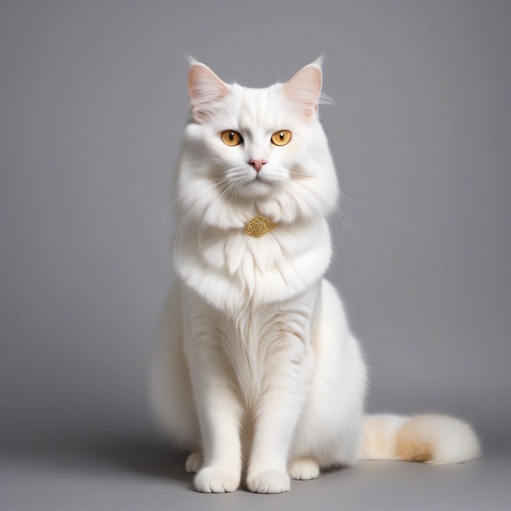  Create a beautiful fluffy white cat in full growth on the hind legs, with a fluffy tail, in the golden clothes of the goddess Cleopatra, on the gray in a golden background