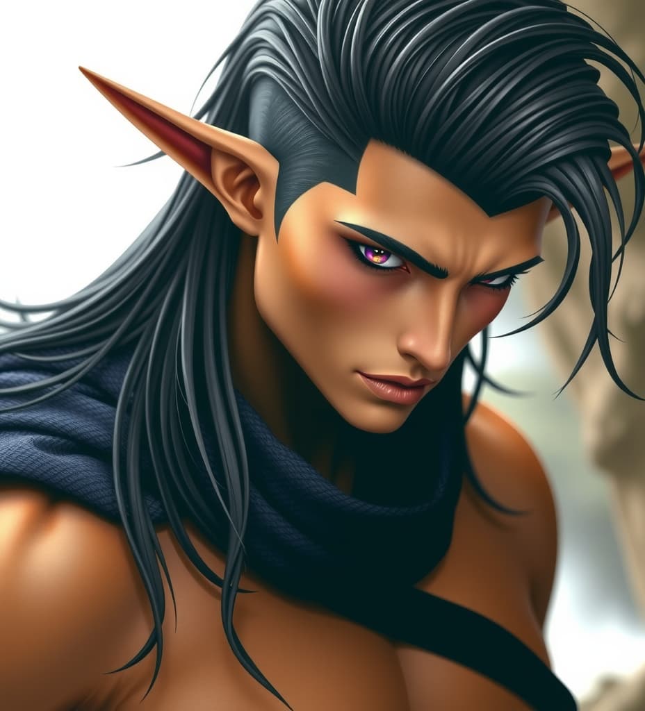  good quality, high quality, create beautiful male high fae rhysand. he has model like bone structure, high cheekbones, pointed ears, violet eyes that are slightly upturned, a low dark brow, full lips, thick black hair that is shorter on the sides and longer on the top. he is very muscled and dark tan